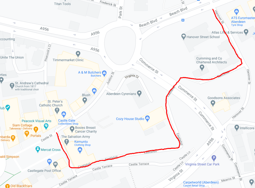 Map of route along Castlehill