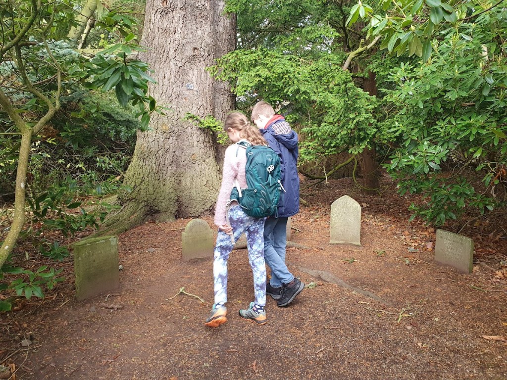 Daniel and Elizabeth reading the headstones in the pet cemetery.