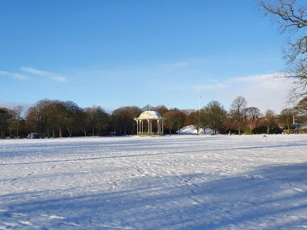 View of the field at Duthie park with the band stand in the distance.