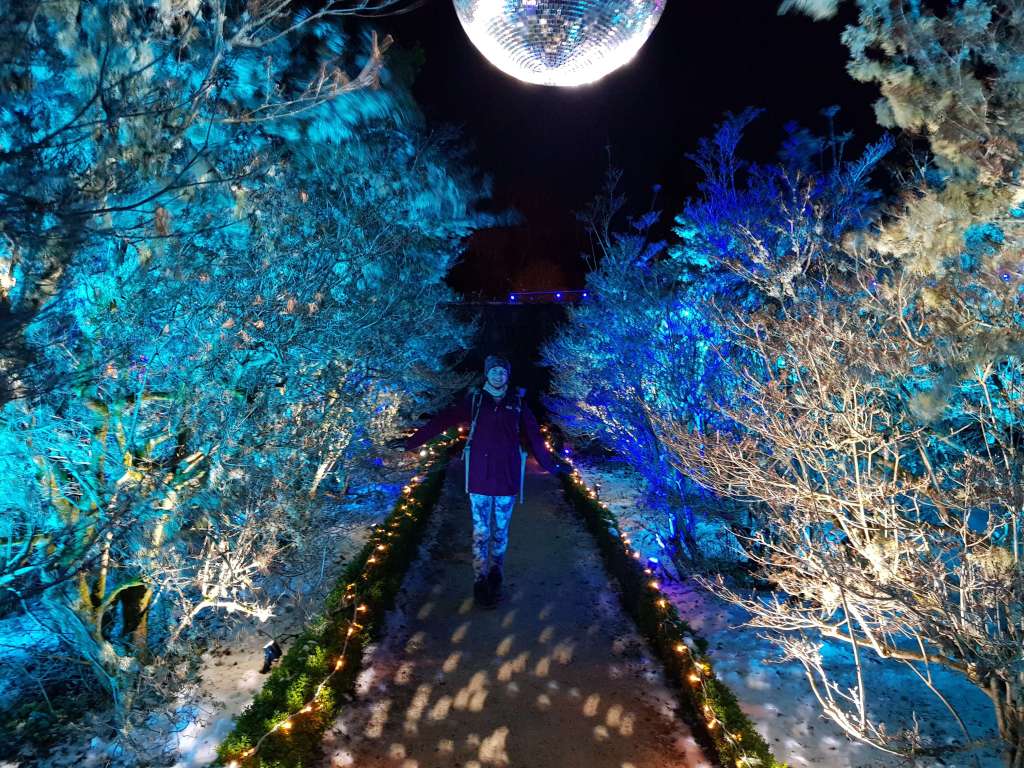 Elizabeth smiling under the disco ball in the walled garden in the snow
