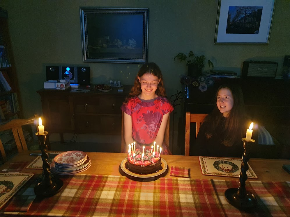 Elizabeth smiling at her cake while we all sing to her.