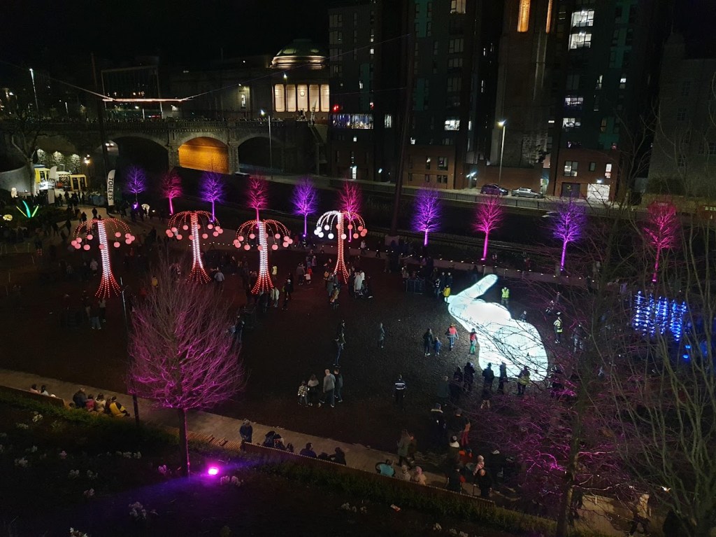 Looking down at Spectra light festival on Union Terrace Gardens from Union Terrace