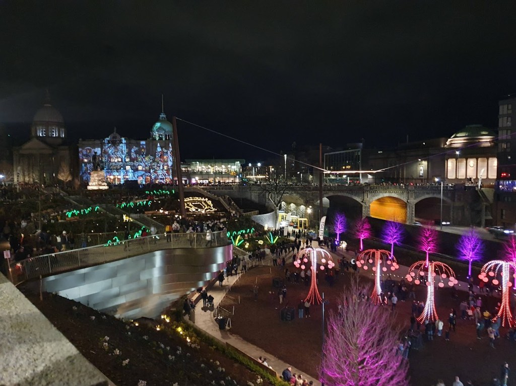 Looking down at Spectra light festival on Union Terrace Gardens from Union Terrace