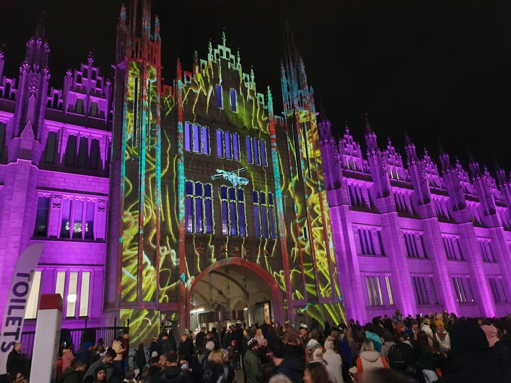 The front of Marischal College all lit up