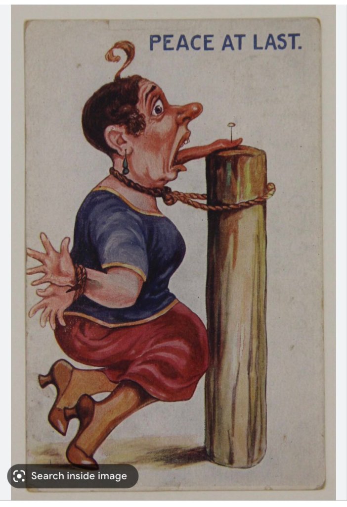Cartoon of woman with her tongue nailed to a post. Caption reads, "Peace at last"