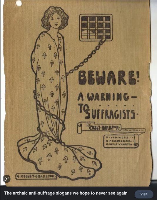 Cartoon of suffragette in chains with the text "Beware! Warning to suffragists"