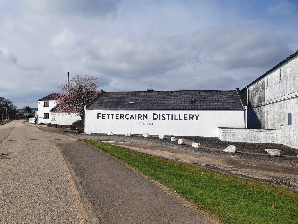 Fettercairn distillery. White buildings with a single cherry blossom tree not quite in full blossom but getting close.