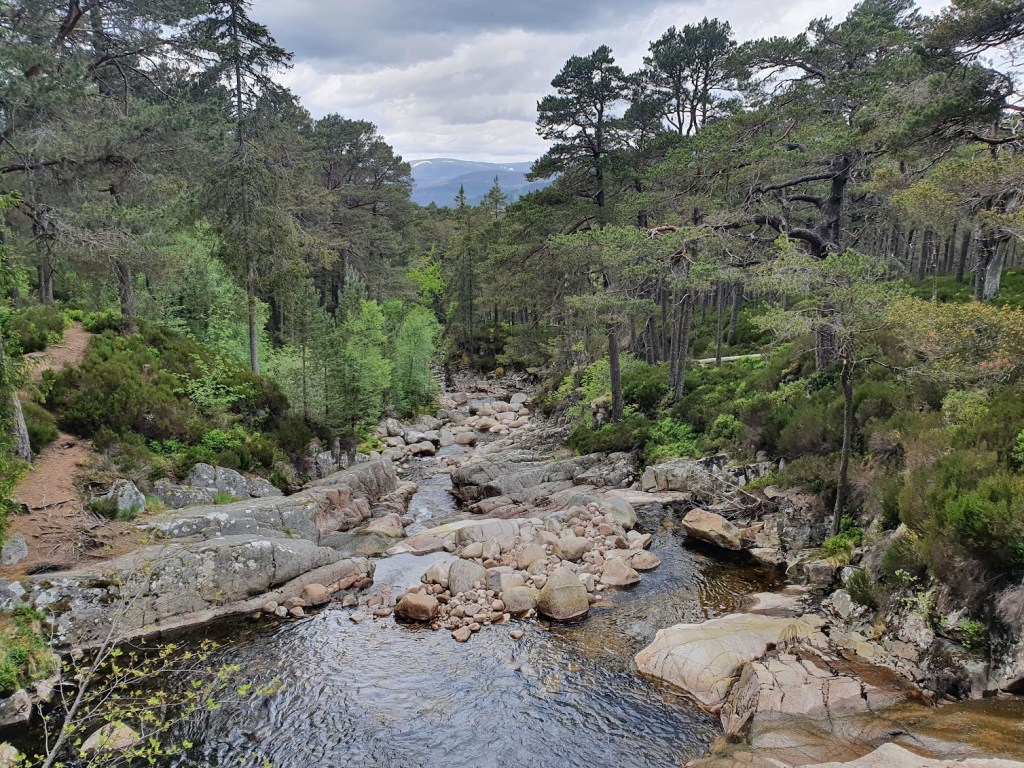 View from the bridge of the Grabh Allt falls showing a burn lined with trees and hills in the distant that still have specs of snow.