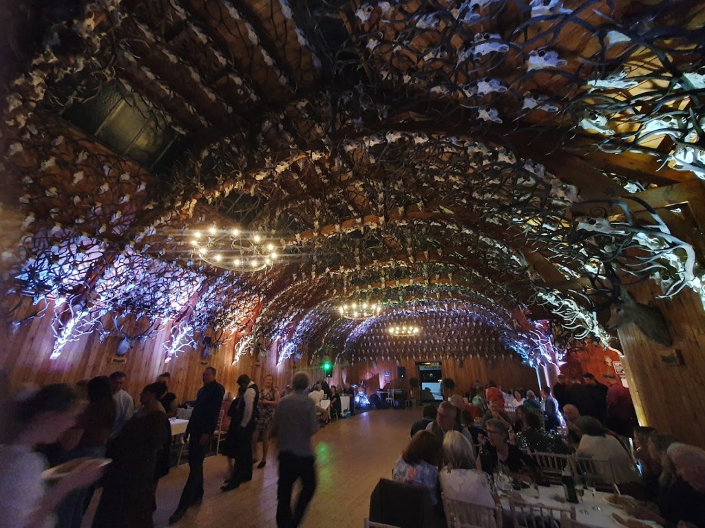 A wide angle shot of the ballroom.