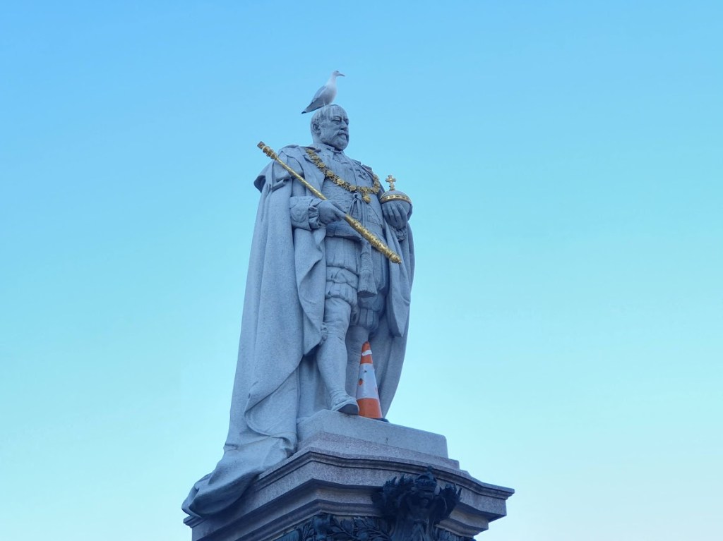 King George VII statue with a gull on his head and a traffic cone at his feet.