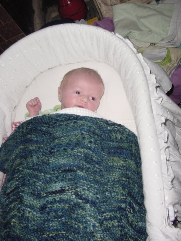 Daniel as a baby in his bassinet with the green knitted blanket over him.