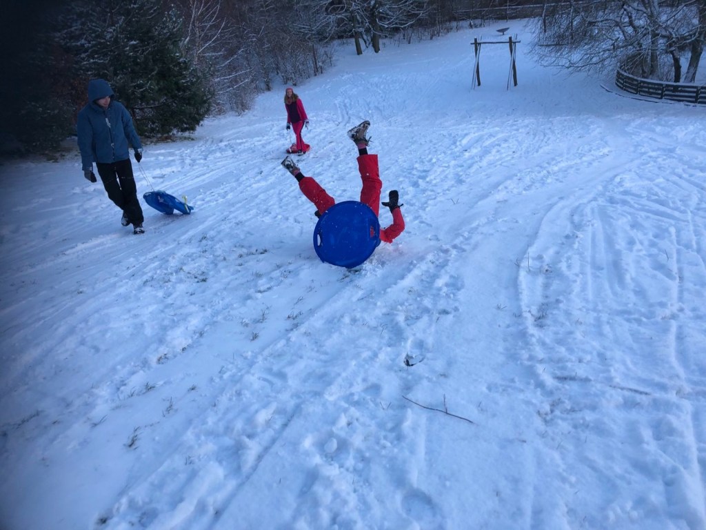 Elizabeth falling off the sledge at Duthie Park.