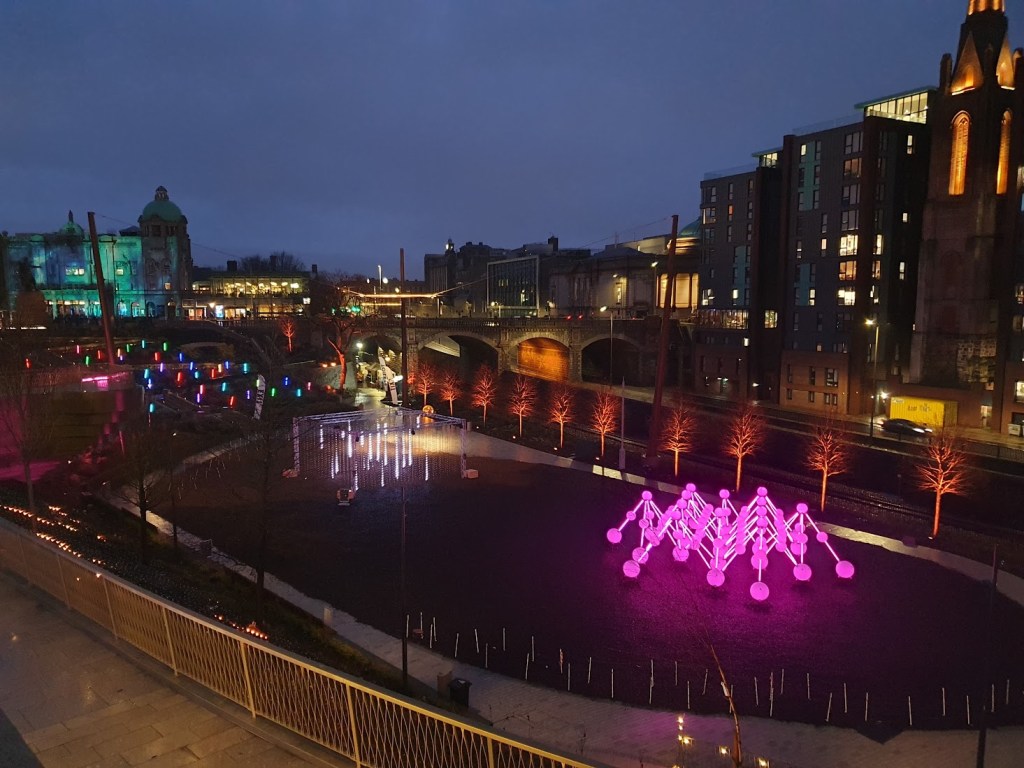 Looking down on the lights in Union Terrace Gardens from Union Terrace.