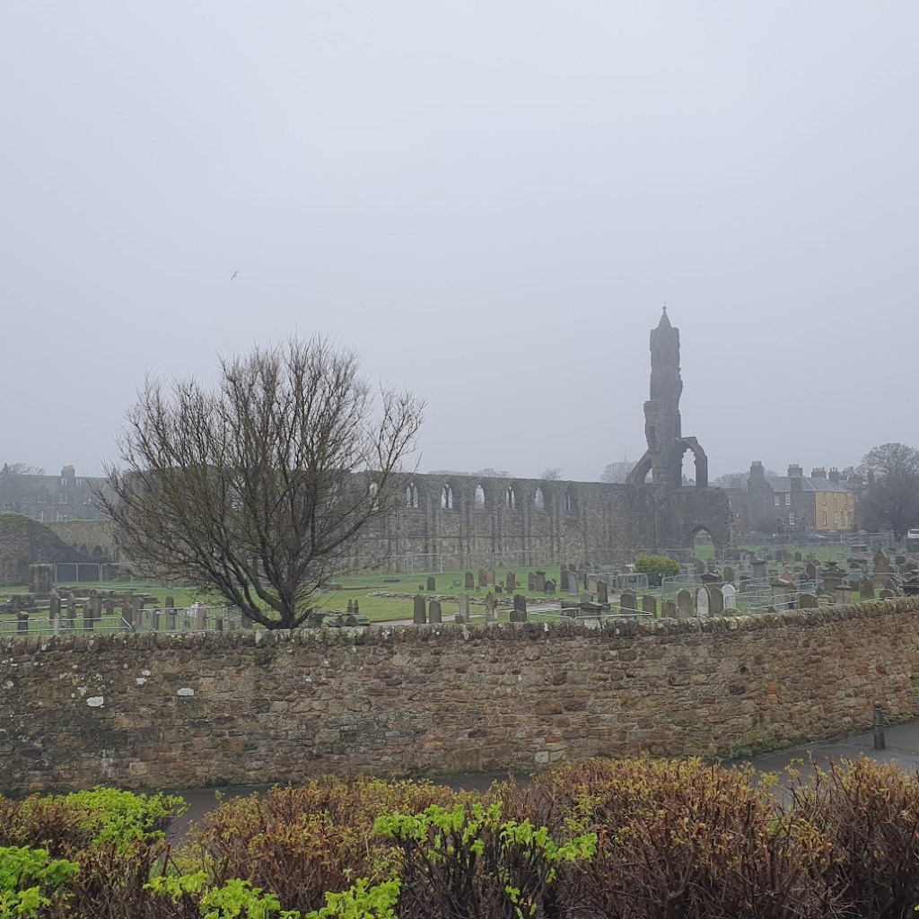 St Andrews cathedral ruin shrouded in mist.
