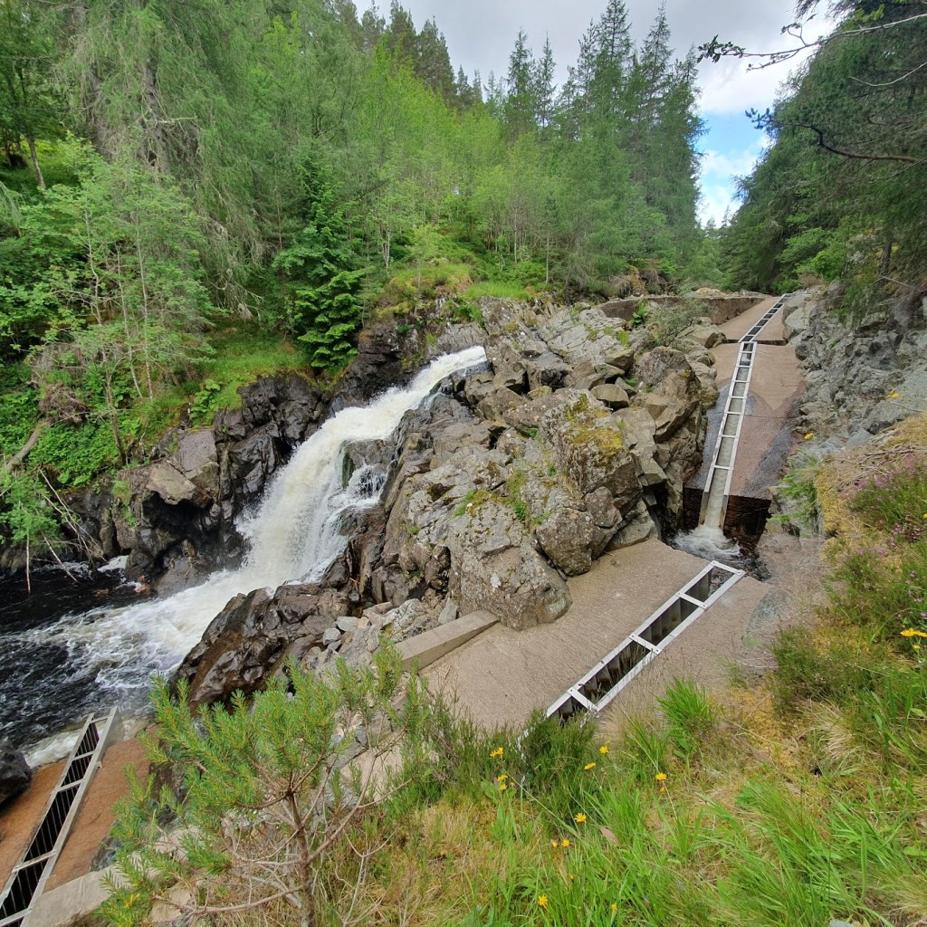River Muick waterfall with salmon ladder.