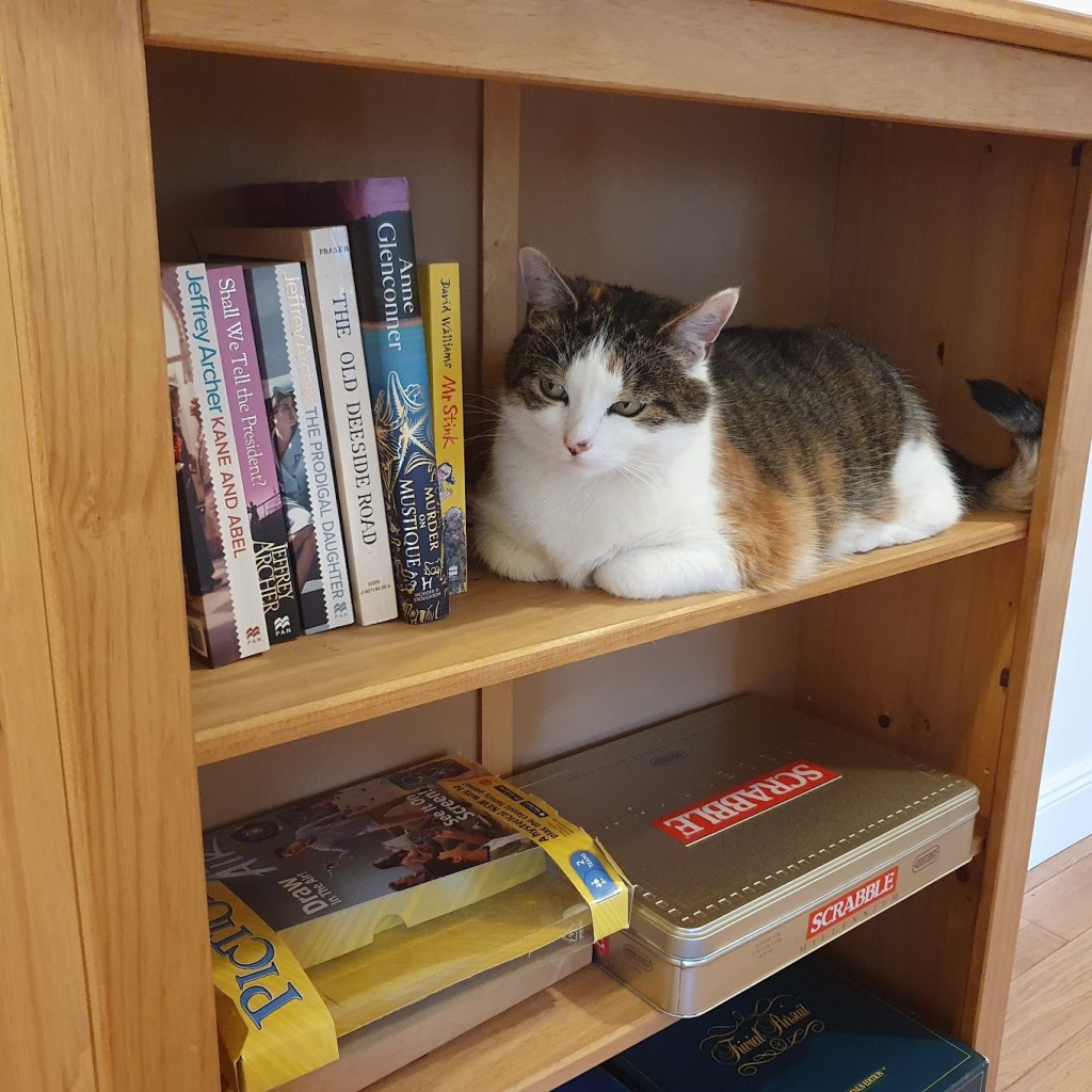 Victoria in the bookcase.
