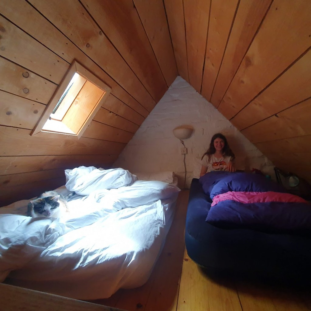 The mezzanine with Elizabeth sitting up in her bed.