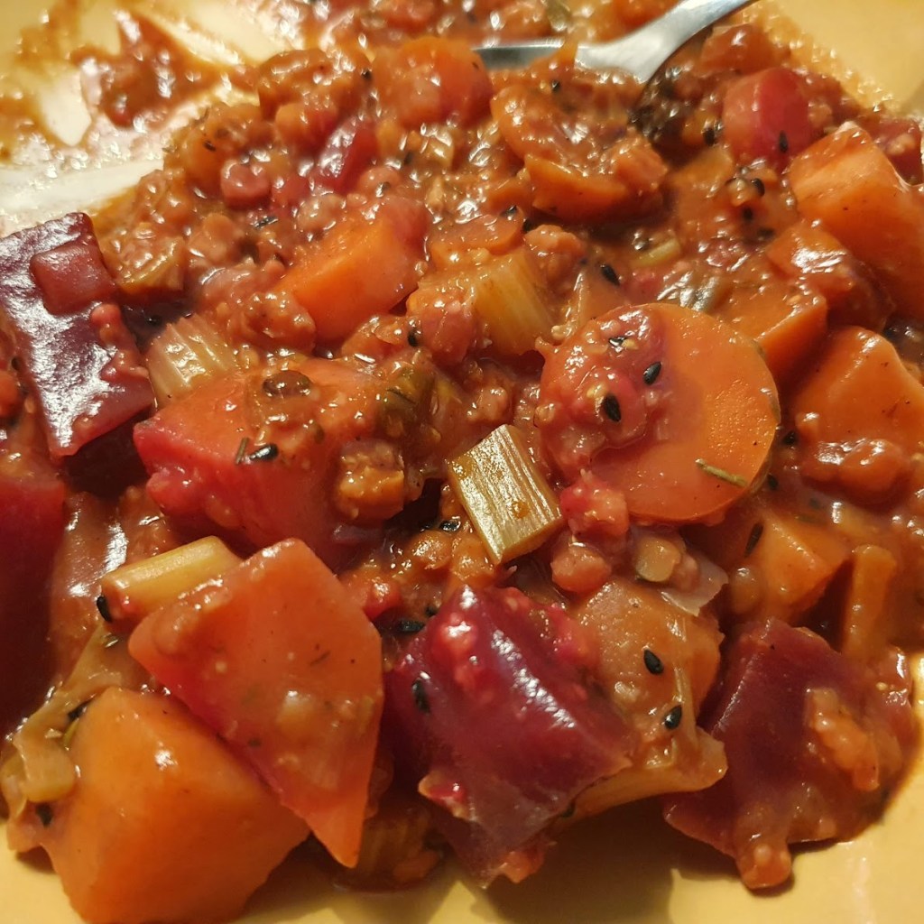 A vegetable stew with lots of root vegetables and grains.