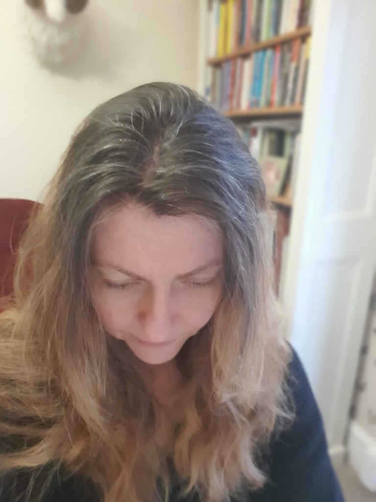 The top of my hair showing the grey and regrowth.