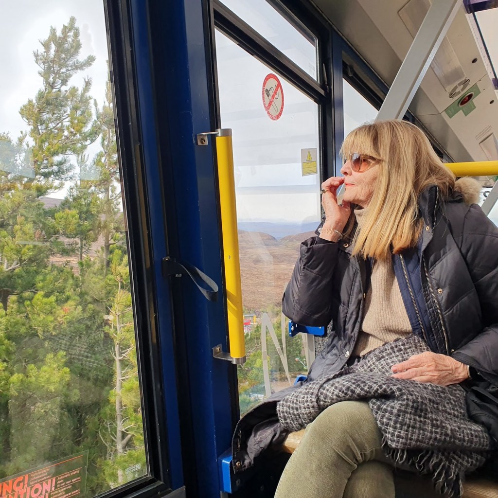 Mum in the carriage looking out at the view.