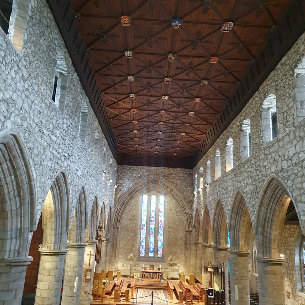 Inside the cathedral with the timber ceiling.