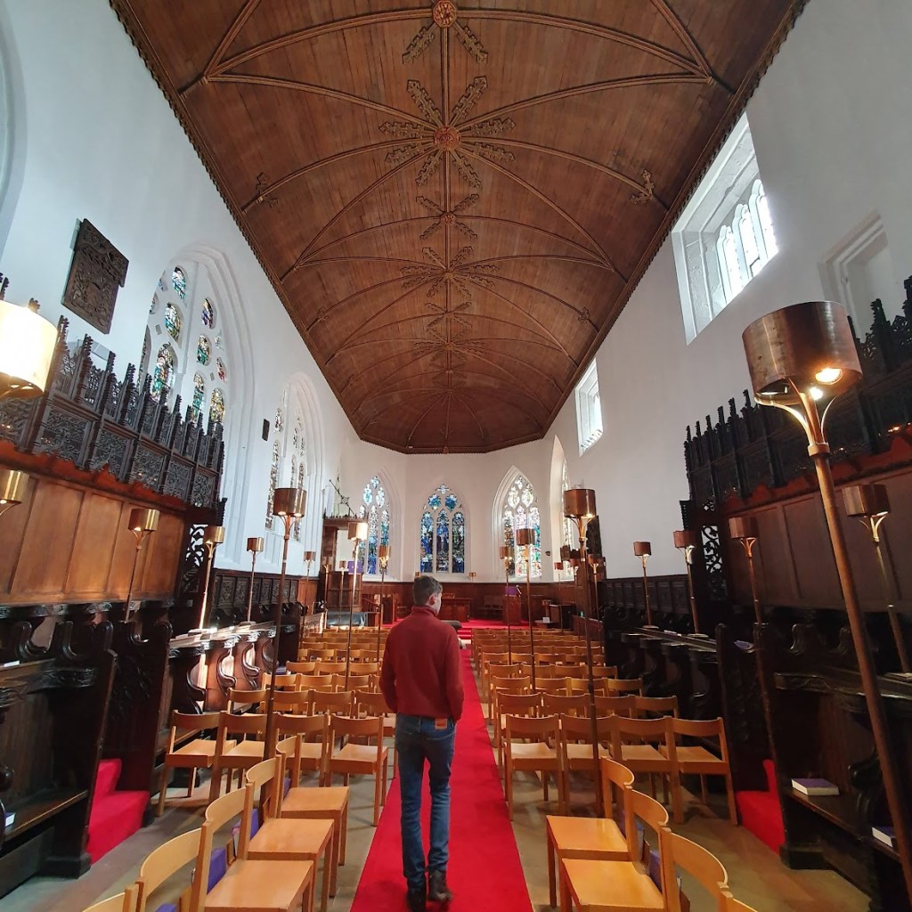 A wide angle shot of the chapel showing the lovely timber ceiling.