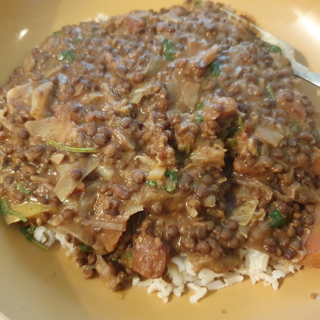 Red lentil almond curry.