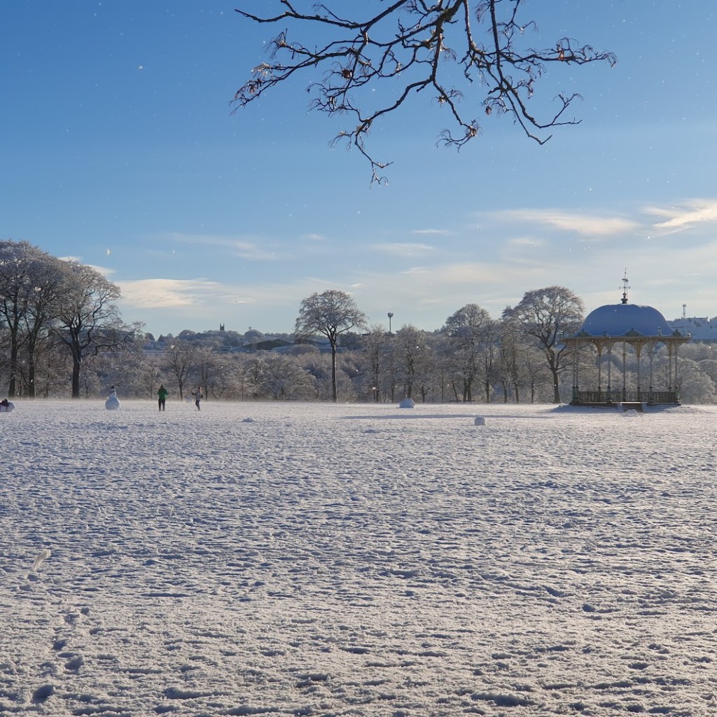 The open field with snowmen and the pavilion. 