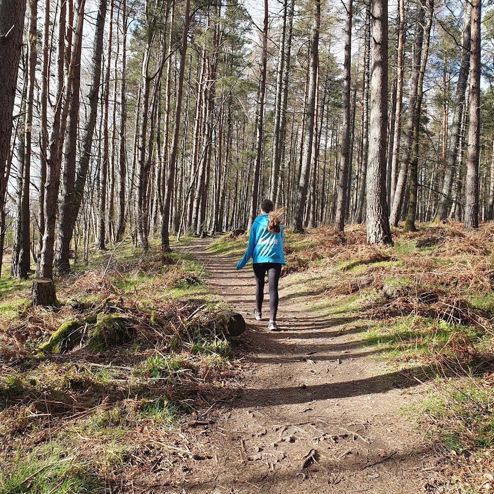 Elizabeth walking in the woods.