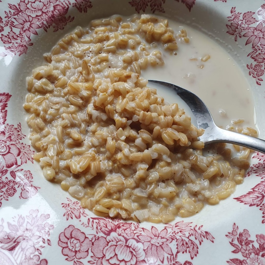 A bowl of grain in soya milk.