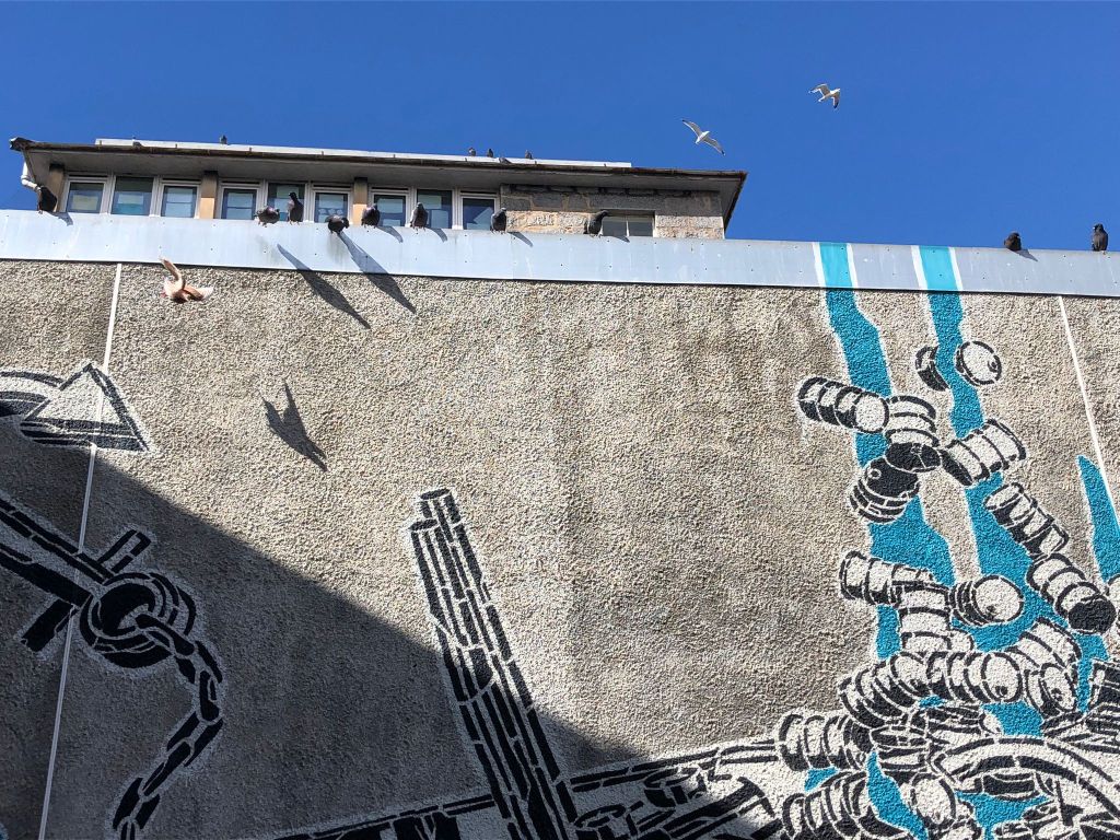 Pigeons sitting on the wall above the street art.