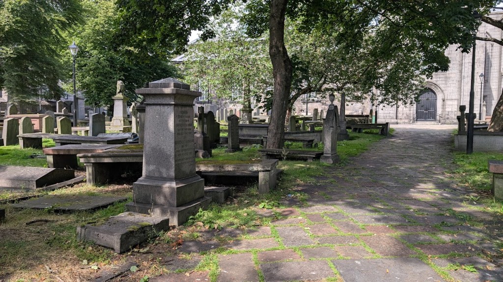 View of the cemetery with the church in the background