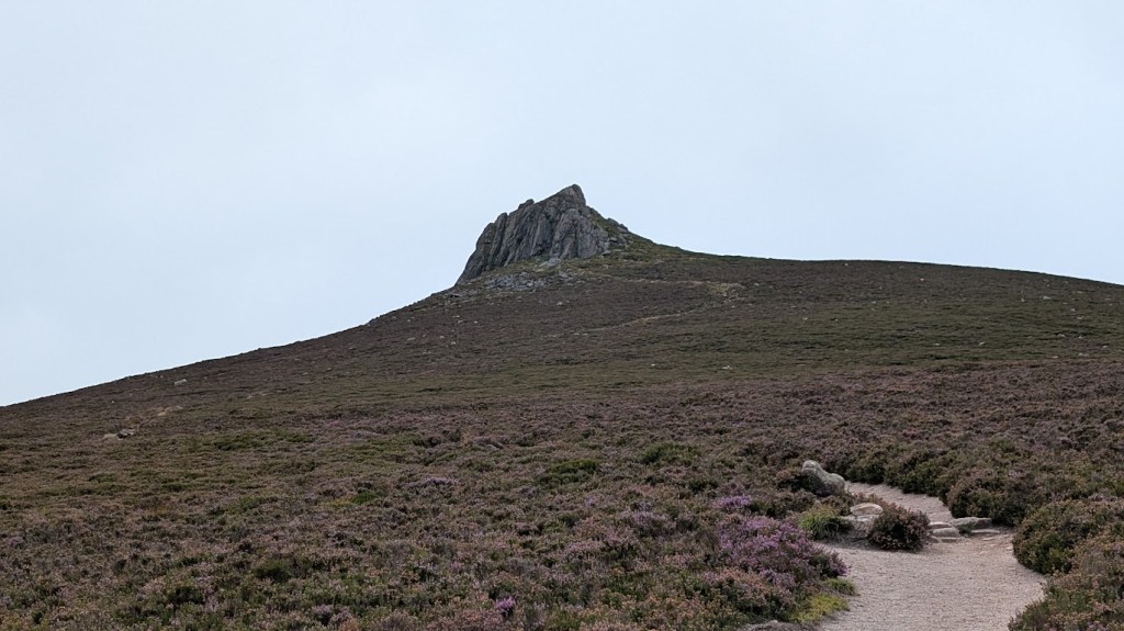Clachnaben getting closer with just the track and heather in between