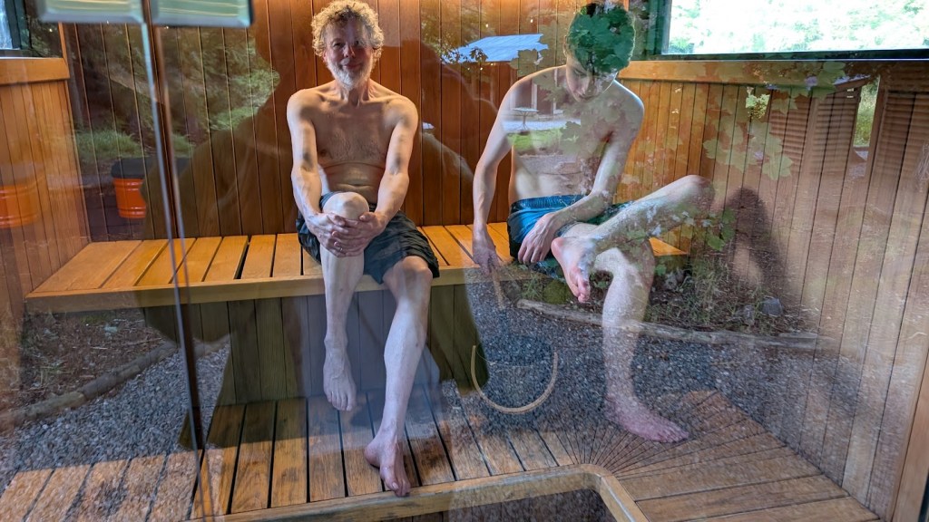 Ben and Daniel inside the sauna.