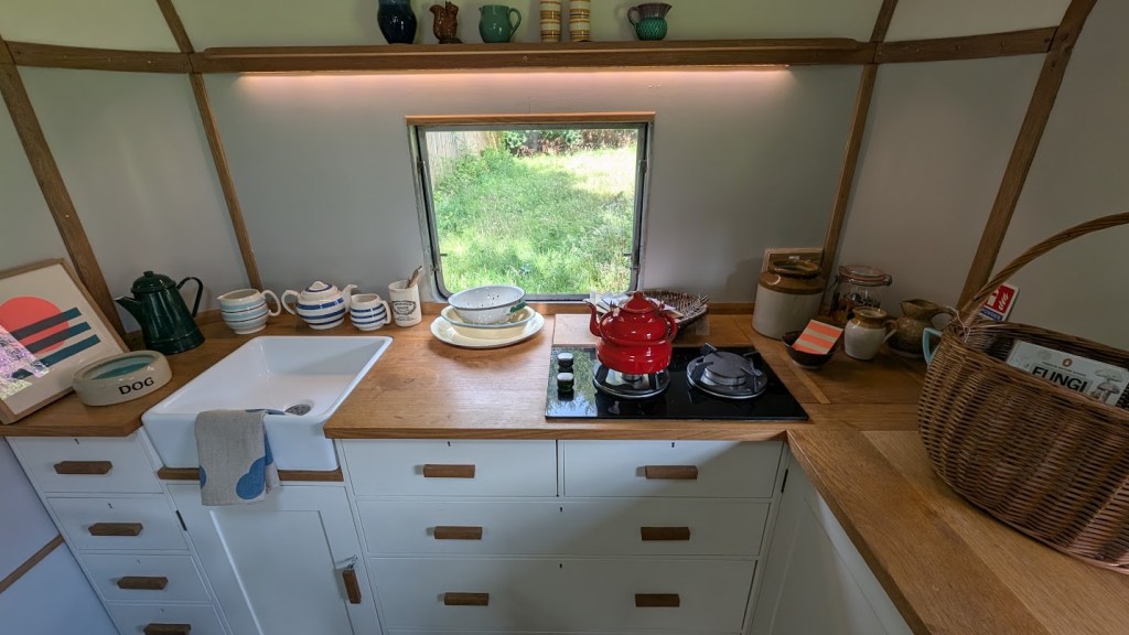 The sink and stove in the caravan.